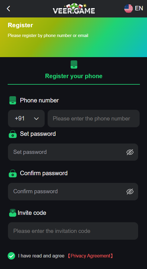 Veer Game account and games screen after login